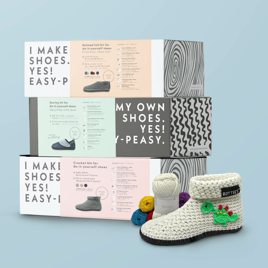 Botties häkeln, nähen oder stricken – Geschenk für Mama, Mutter, Tochter, Schwester – Handarbeitsgeschenk – DIY Kit – Schuhe selbermachen